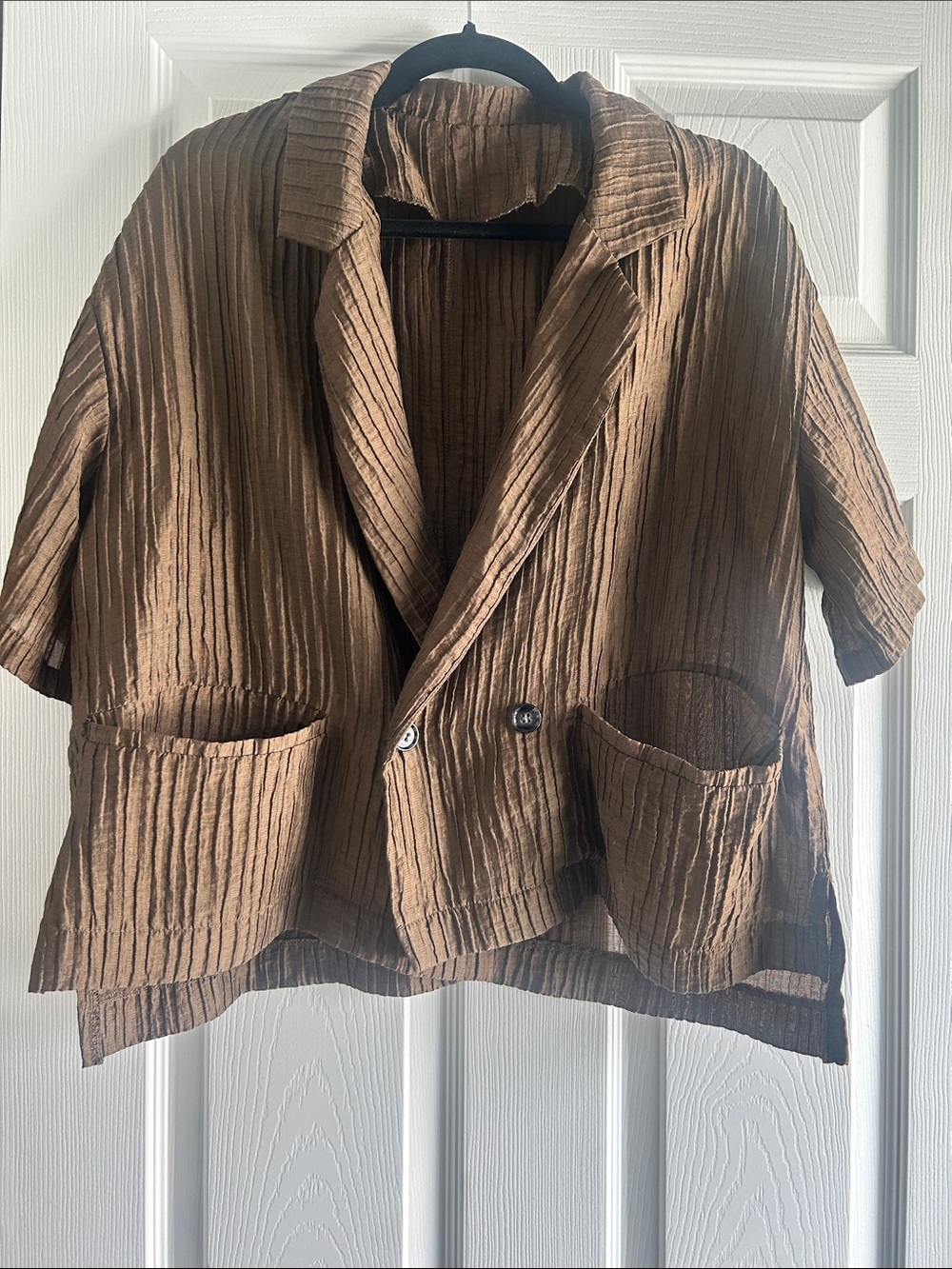 Brown Textured Short-Sleeve Blazer Jacket Top - Women